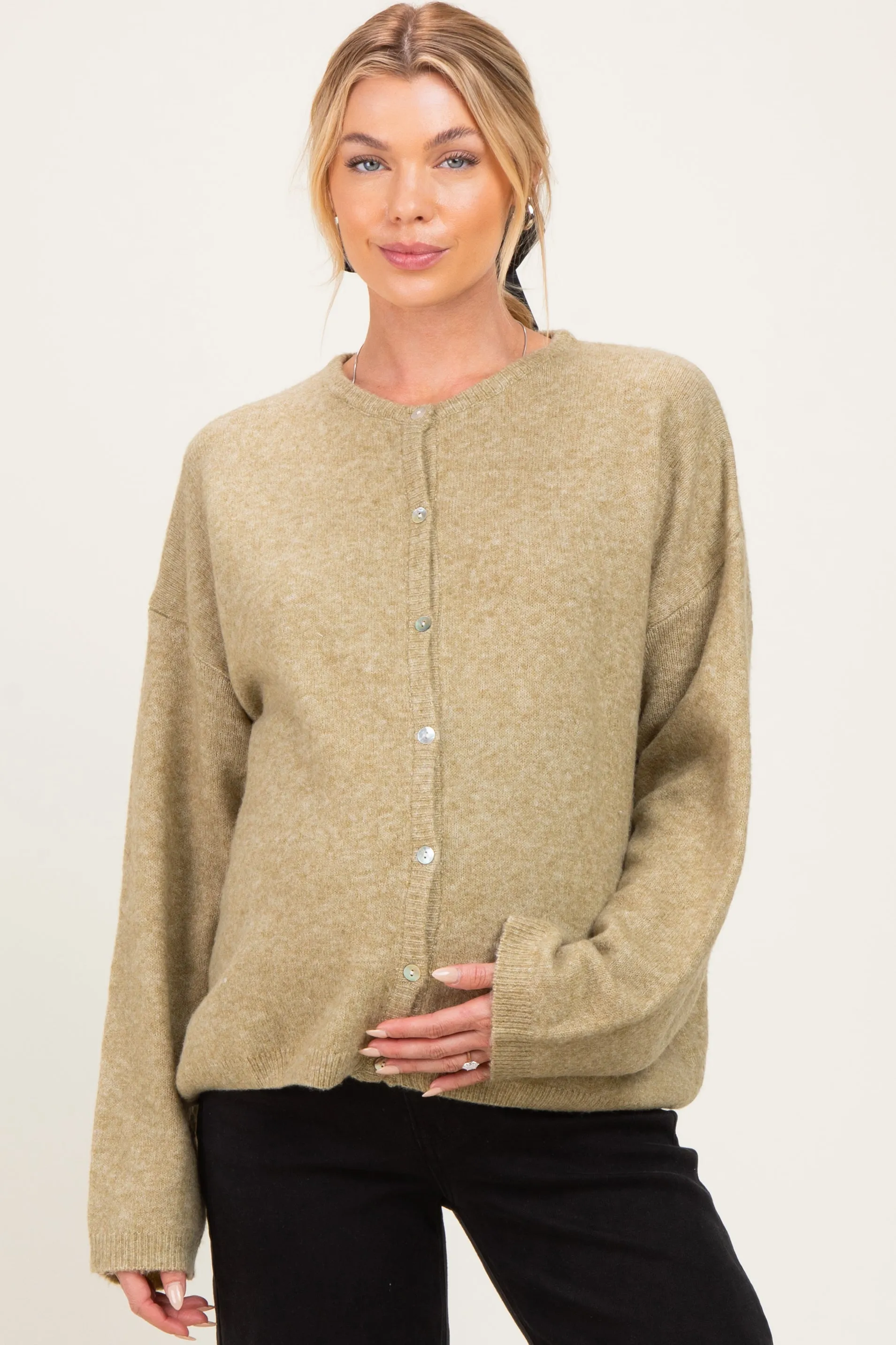 Olive Long Sleeve Crew Neck Maternity Cardigan sold by Pinkblush