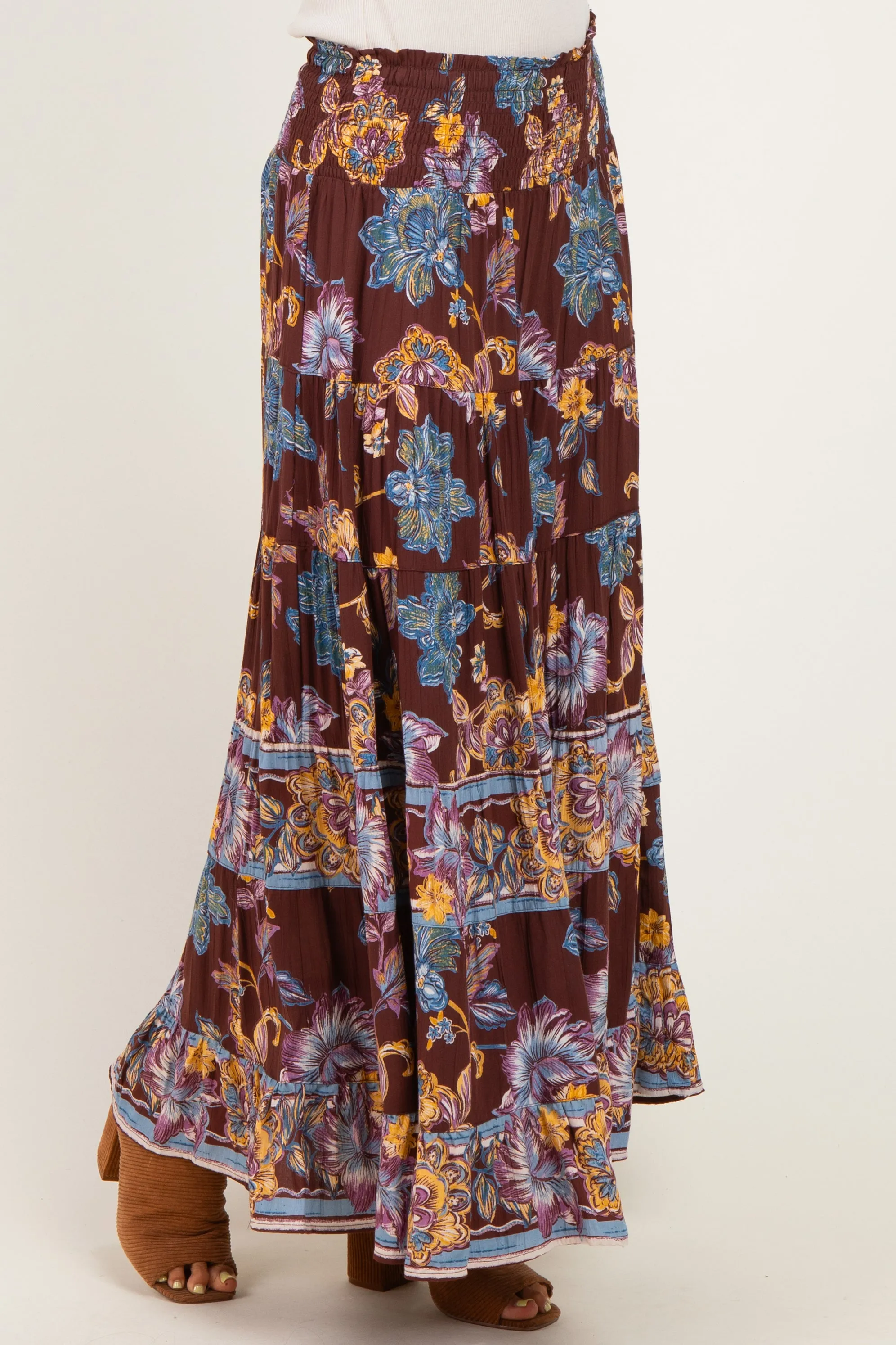 Cocoa Floral Smocked Waistband Tiered Maxi Skirt sold by Pinkblush product image thumbnail 3