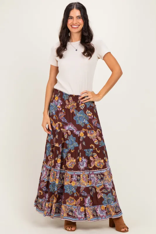 Cocoa Floral Smocked Waistband Tiered Maxi Skirt made by Angie