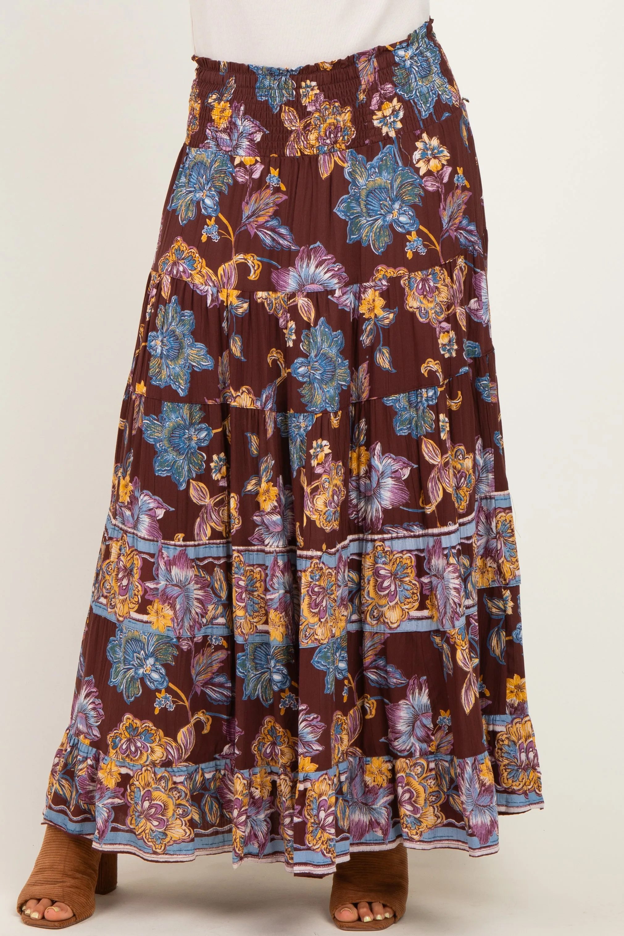 Cocoa Floral Smocked Waistband Tiered Maxi Skirt sold by Pinkblush product image thumbnail 2
