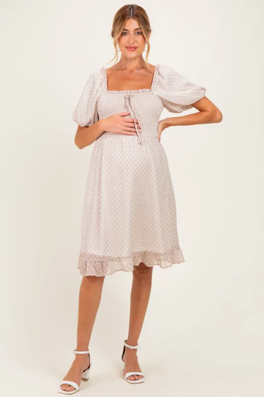 Light Taupe Printed Smocked Ruffle Accent Maternity Dress made by Polagram