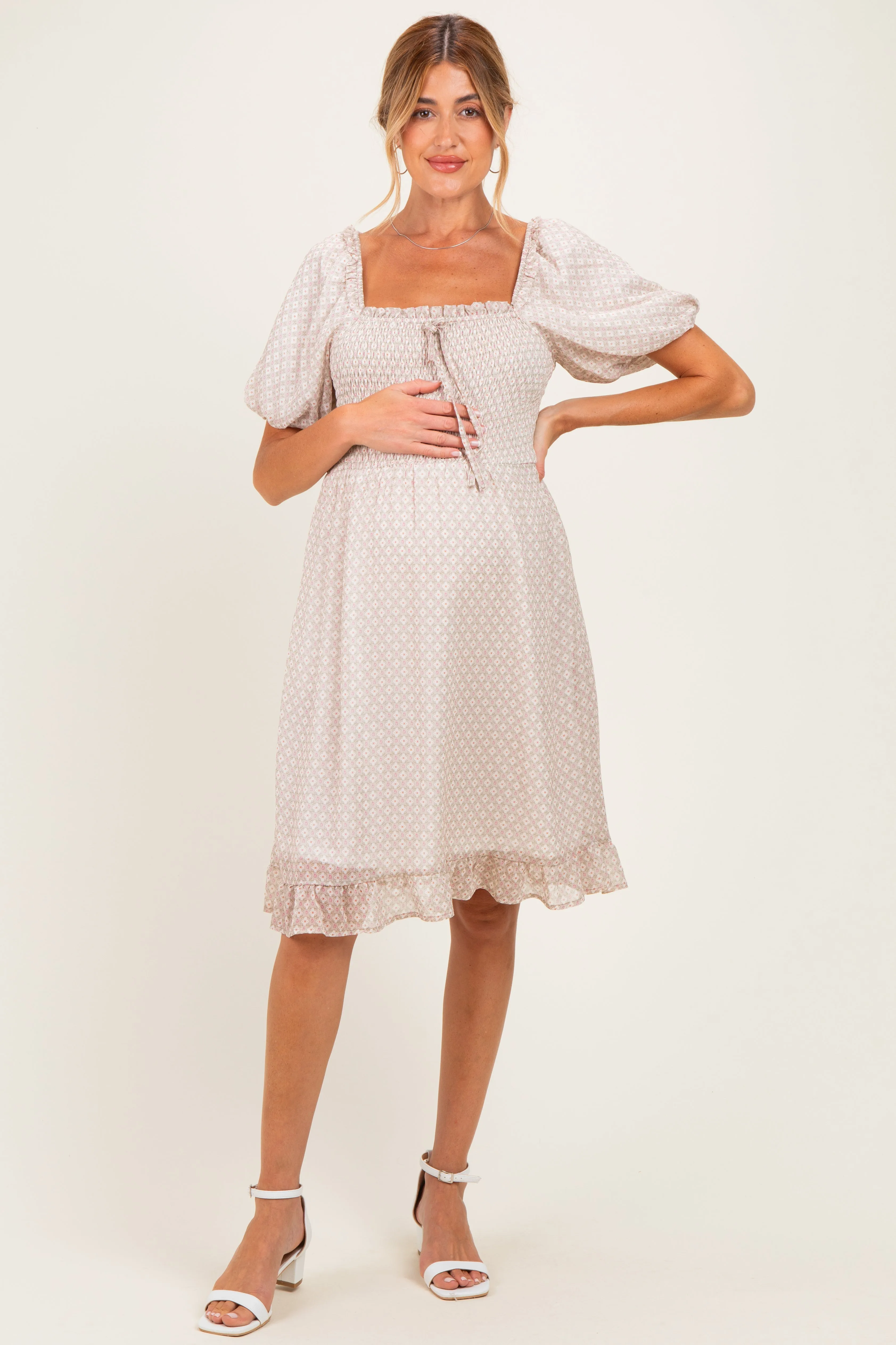 Light Taupe Printed Smocked Ruffle Accent Maternity Dress sold by Pinkblush