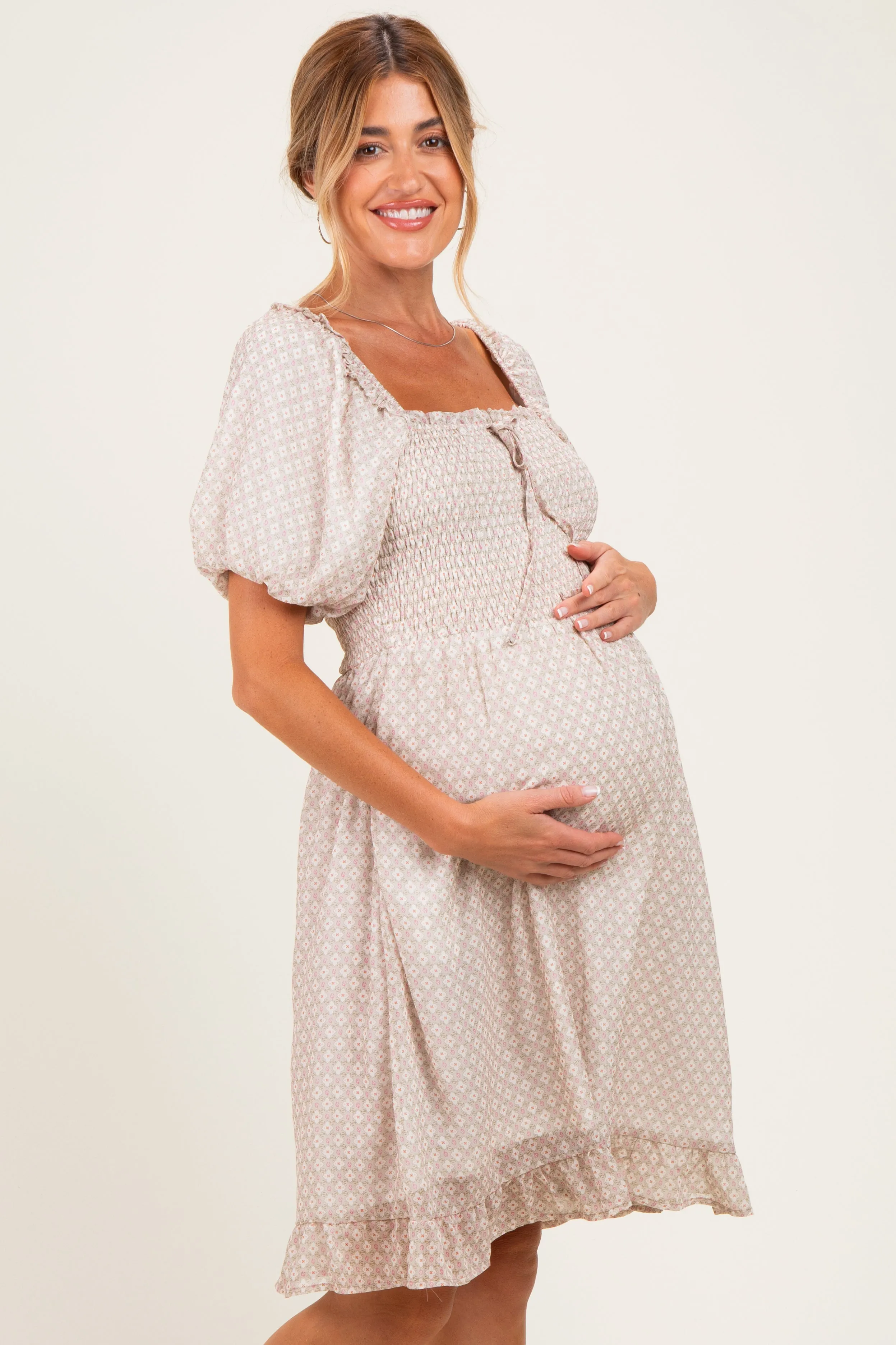 Light Taupe Printed Smocked Ruffle Accent Maternity Dress sold by Pinkblush product image thumbnail 2