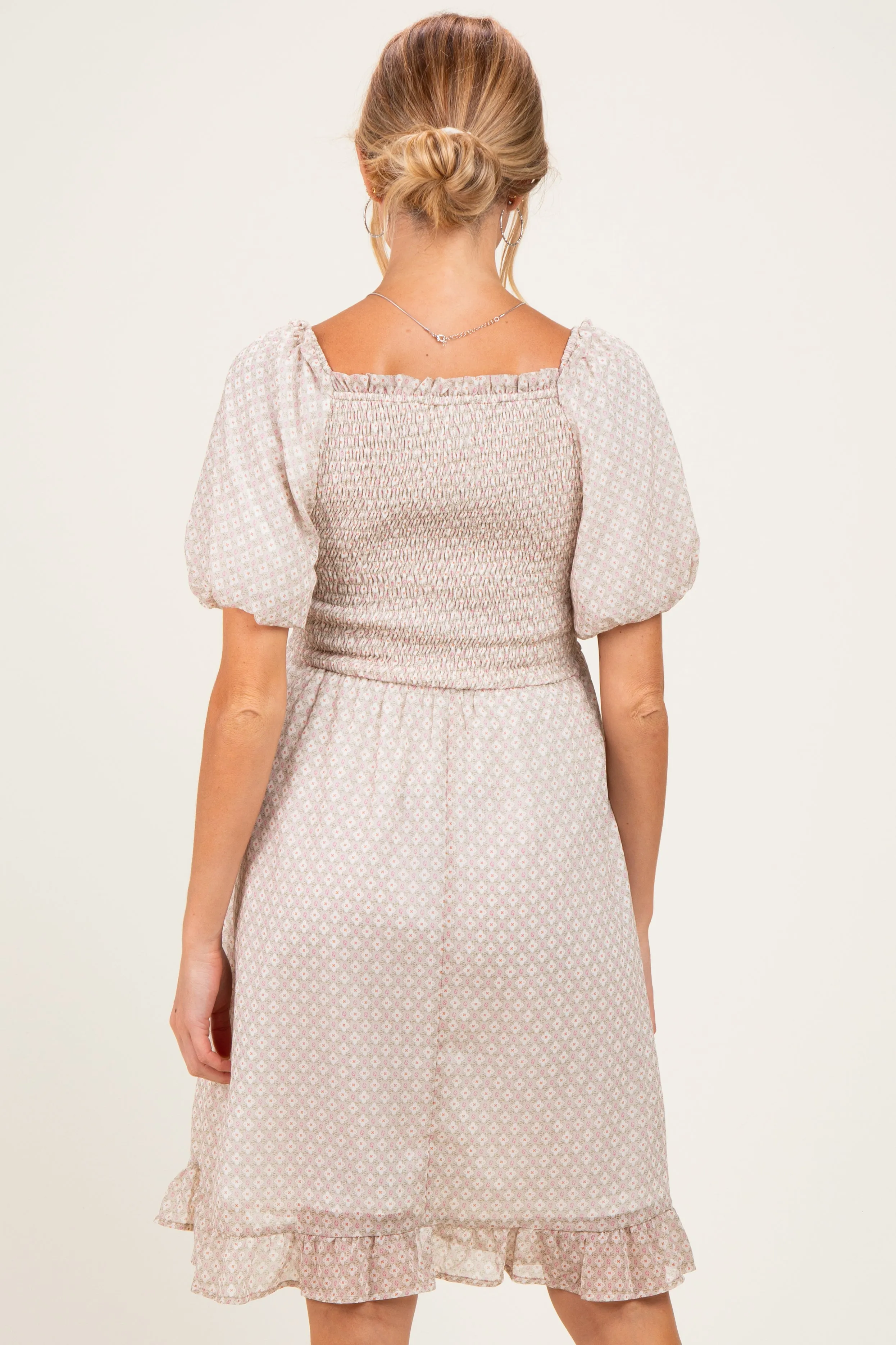 Light Taupe Printed Smocked Ruffle Accent Maternity Dress sold by Pinkblush product image thumbnail 3