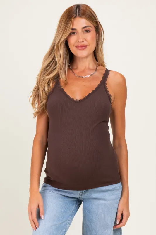 Brown Lace Trim Detail Ribbed Maternity Knit Tank Top made by Pinkblush