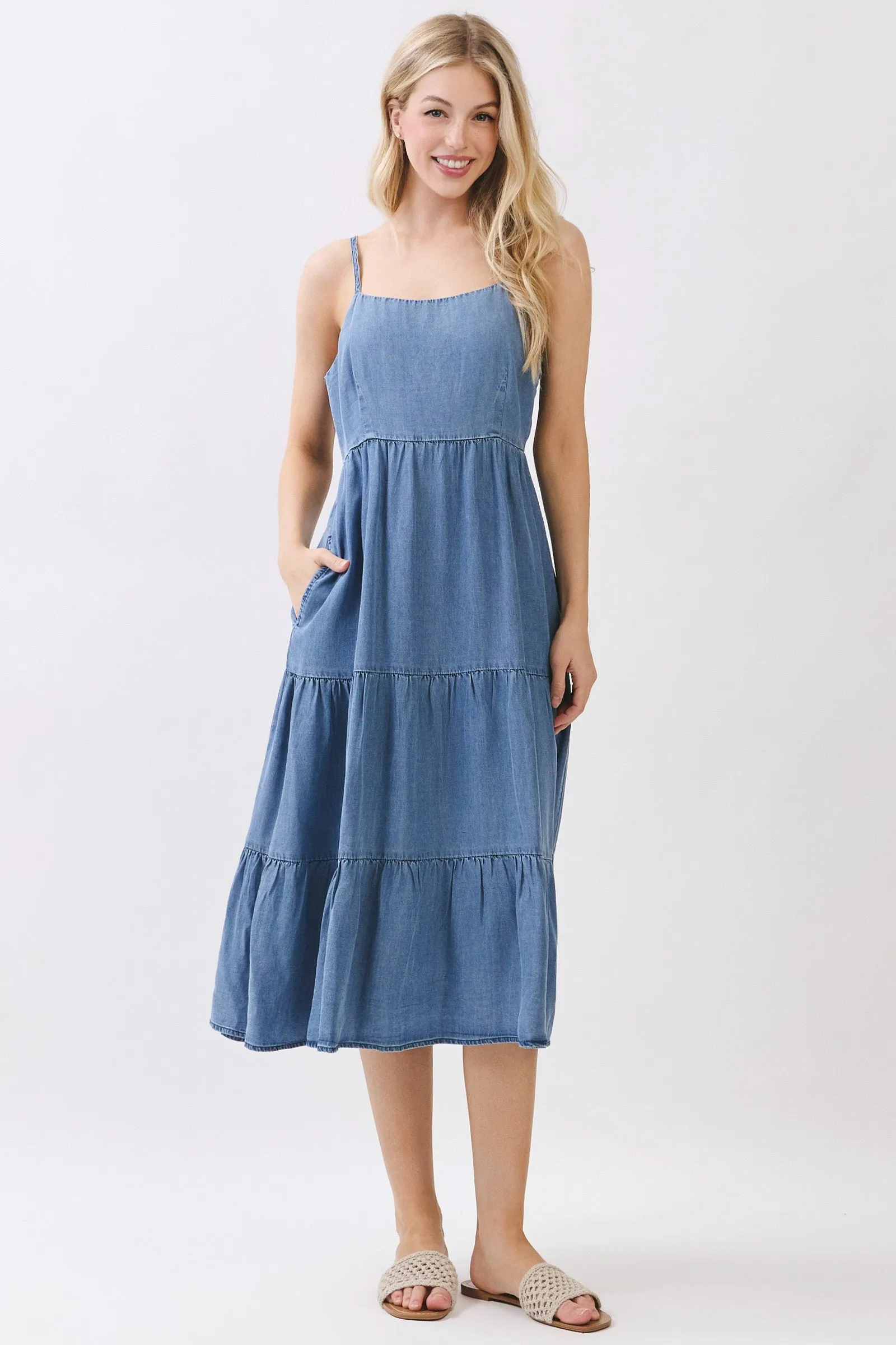 Medium Wash Denim Tiered Cami Midi Dress sold by Pinkblush product image thumbnail 2