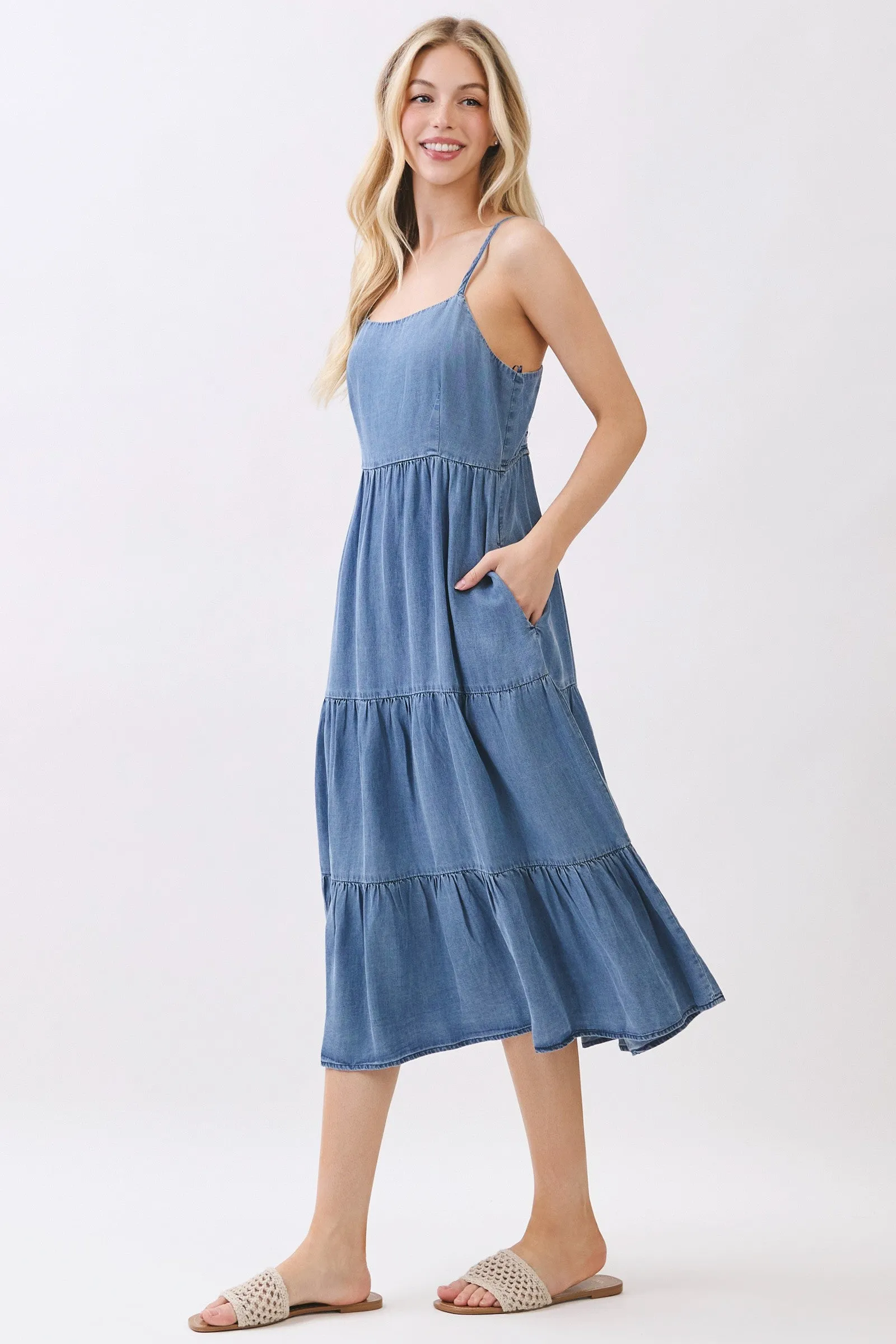 Medium Wash Denim Tiered Cami Midi Dress sold by Pinkblush product image thumbnail 3