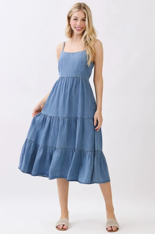 Medium Wash Denim Tiered Cami Midi Dress made by Final Touch