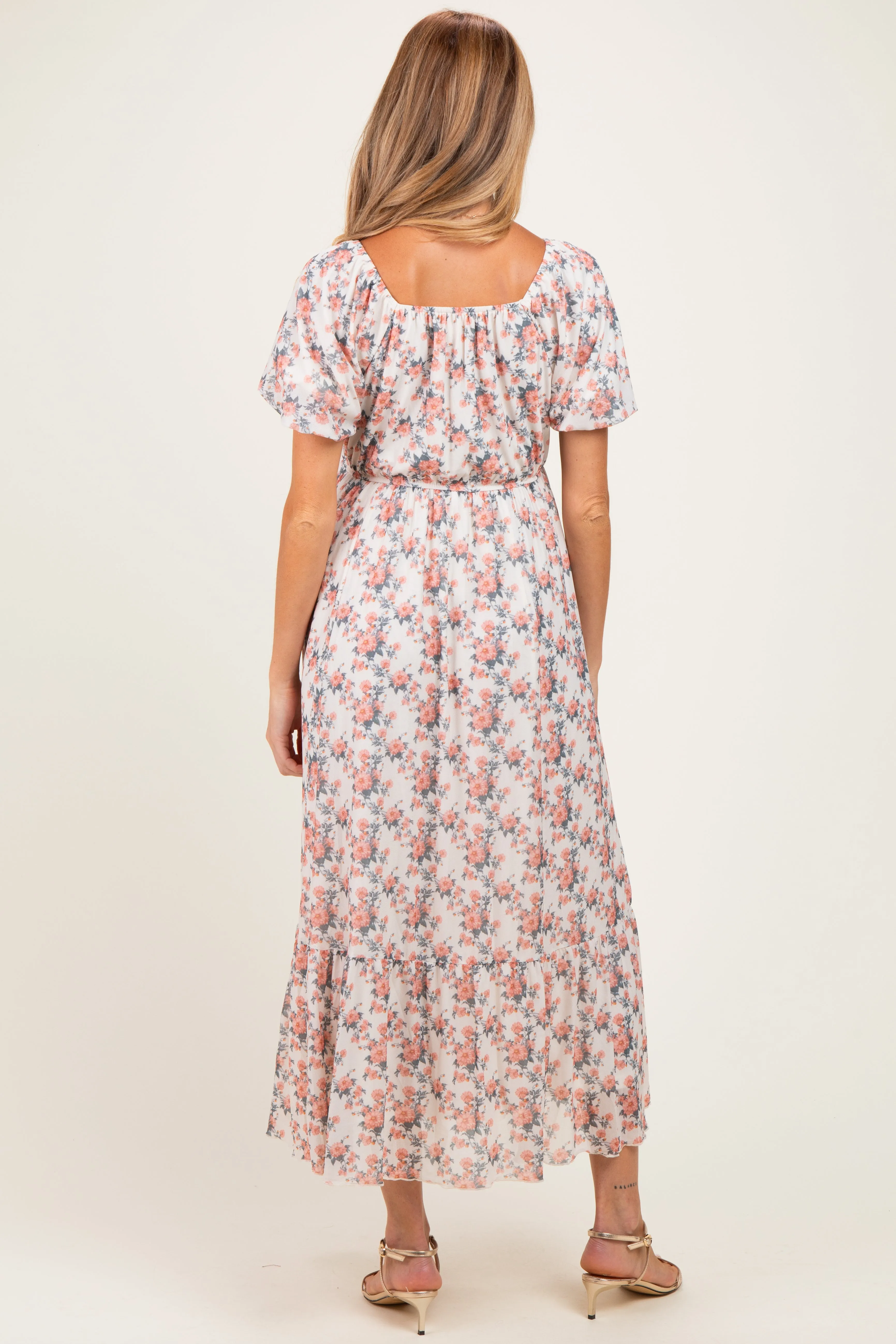 Cream Multi Floral Print Bubble Sleeve Maternity Midi Dress sold by Pinkblush product image thumbnail 3
