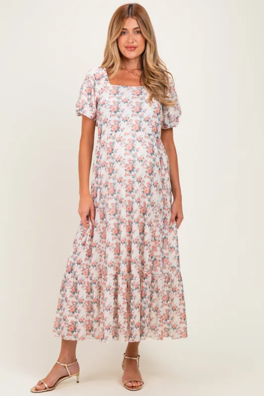 Cream Multi Floral Print Bubble Sleeve Maternity Midi Dress made by Polagram