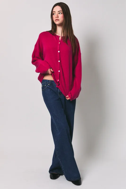 Raspberry Long Sleeve Crew Neck Cardigan made by Le Lis