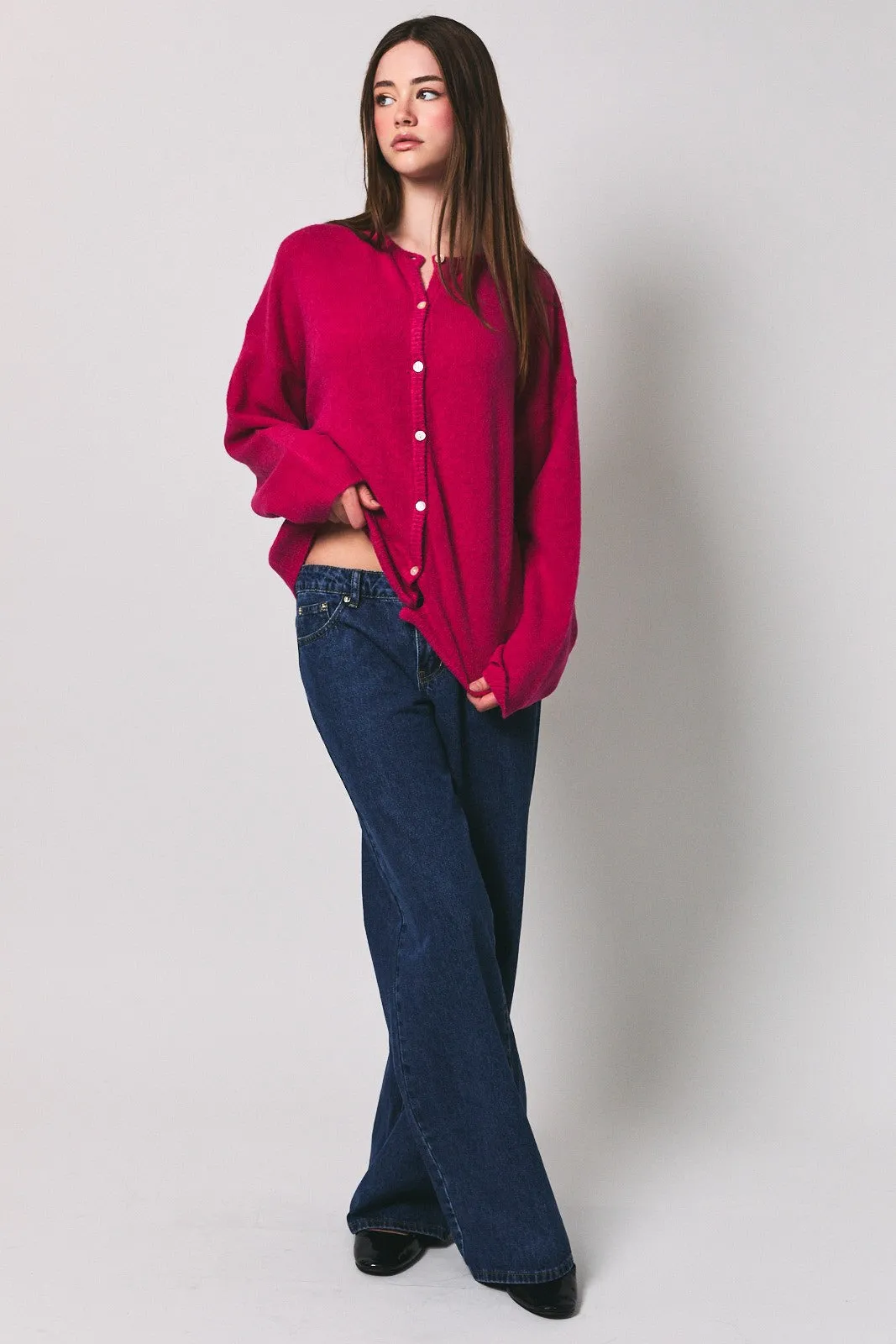 Raspberry Long Sleeve Crew Neck Cardigan sold by Pinkblush
