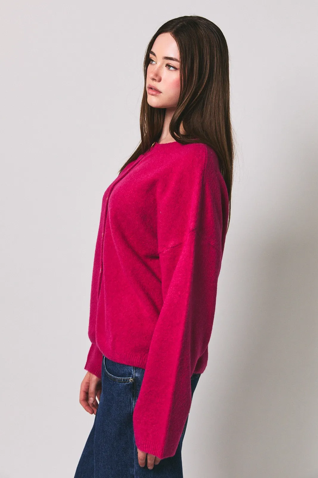 Raspberry Long Sleeve Crew Neck Cardigan sold by Pinkblush product image thumbnail 2