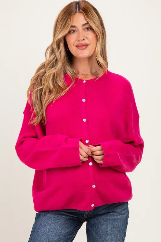 Raspberry Long Sleeve Crew Neck Maternity Cardigan made by Le Lis