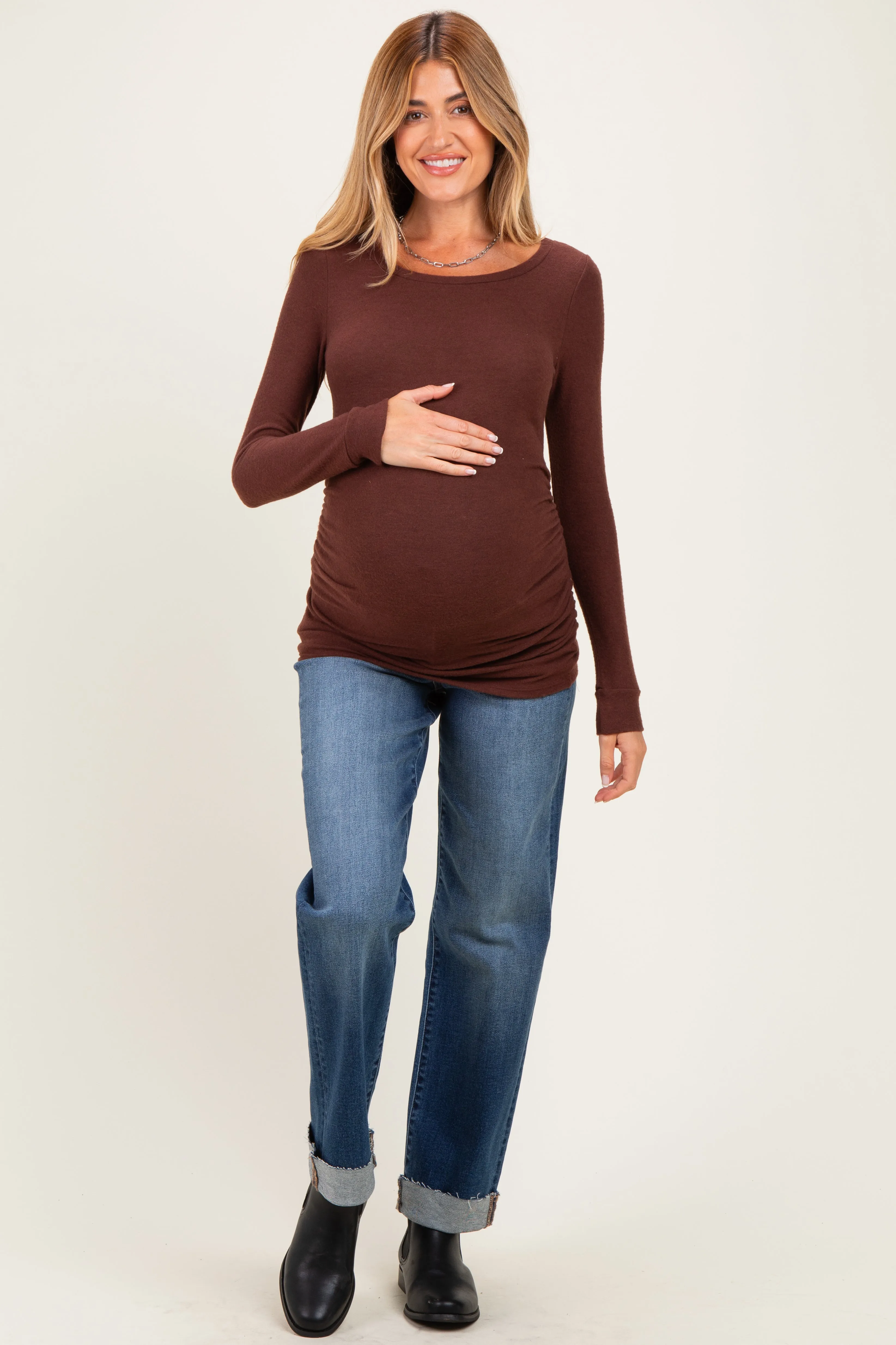 Brown Soft Knit Ruched Maternity Top sold by Pinkblush product image thumbnail 2