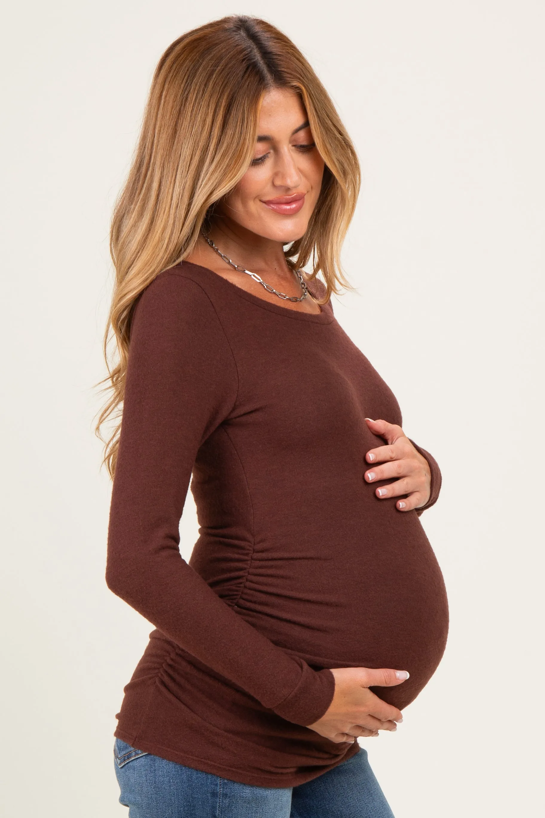 Brown Soft Knit Ruched Maternity Top sold by Pinkblush product image thumbnail 3