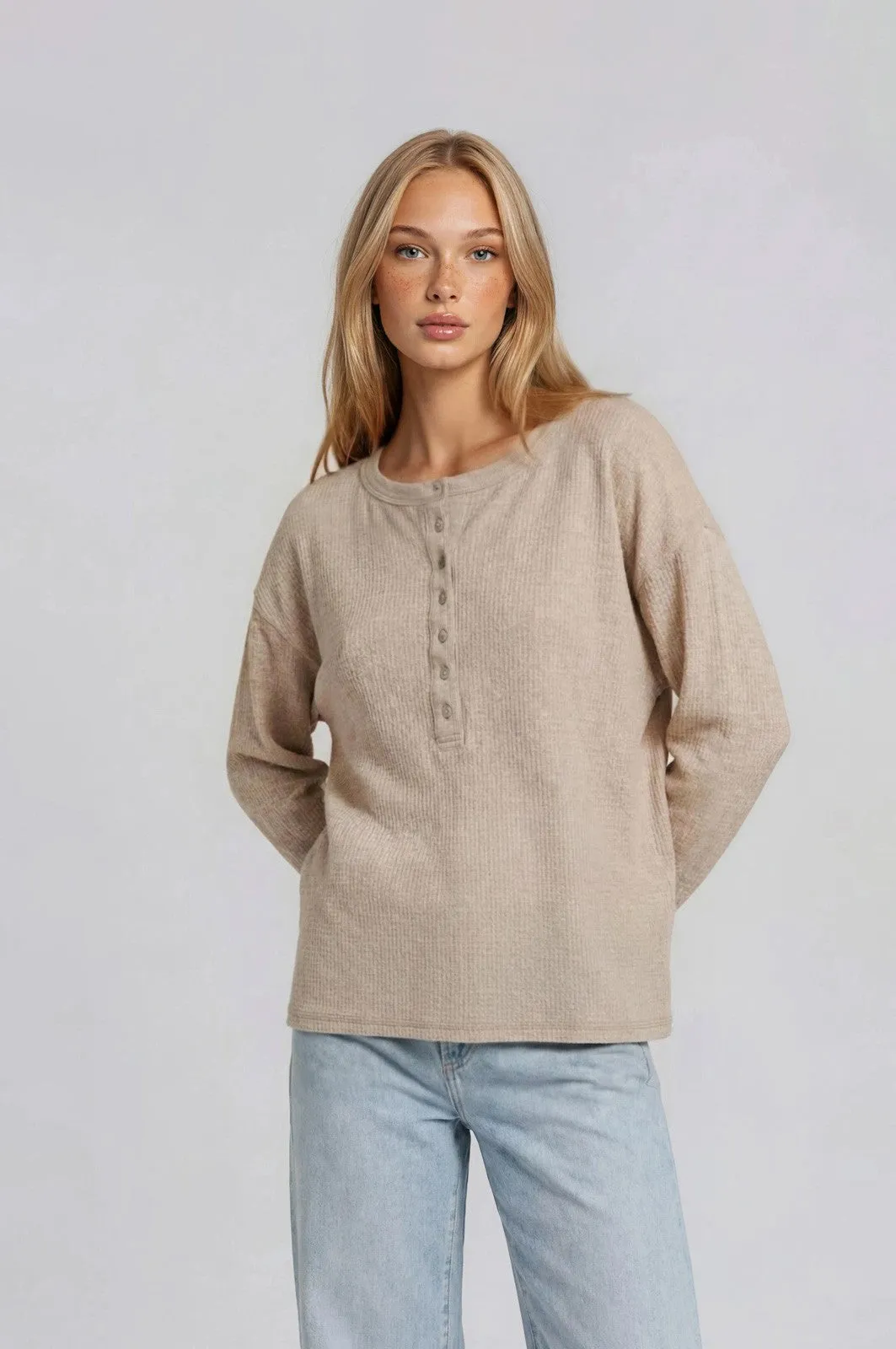 Oatmeal Waffle Knit Oversized Henley Top sold by Pinkblush product image thumbnail 2