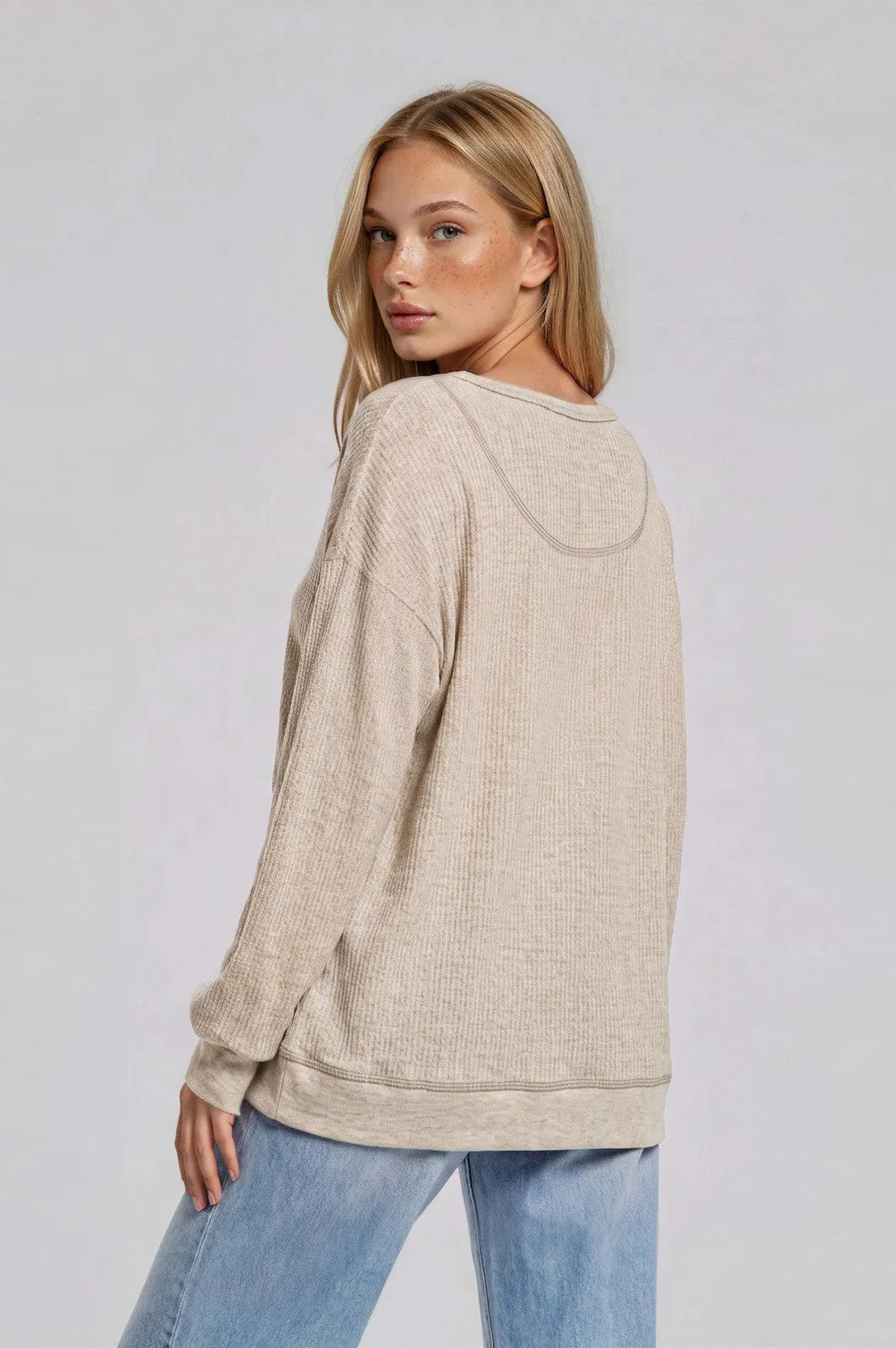 Oatmeal Waffle Knit Oversized Henley Top sold by Pinkblush product image thumbnail 3