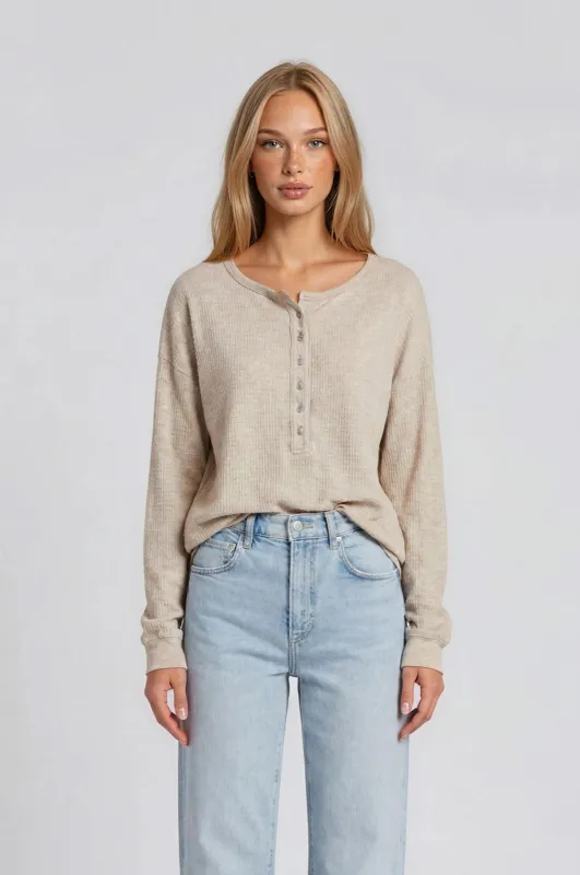 Oatmeal Waffle Knit Oversized Henley Top made by Gilli