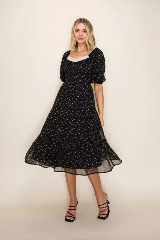 Black Floral Lace Trim Midi Dress made by tea n rose