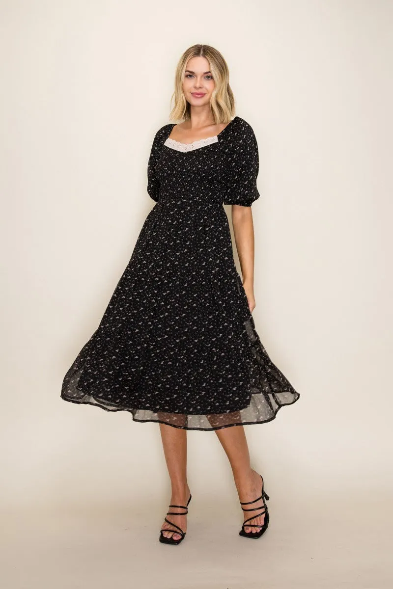 Black Floral Lace Trim Midi Dress sold by Pinkblush