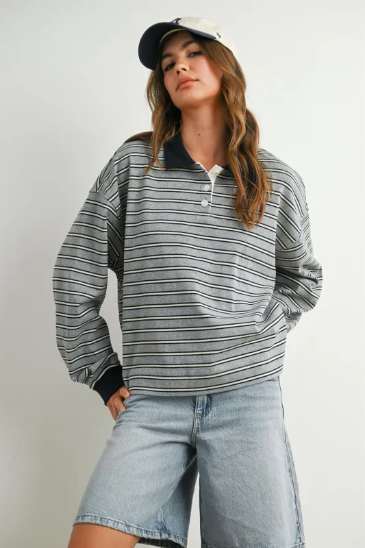 Grey Striped Long Sleeve Polo Top made by Pinkblush
