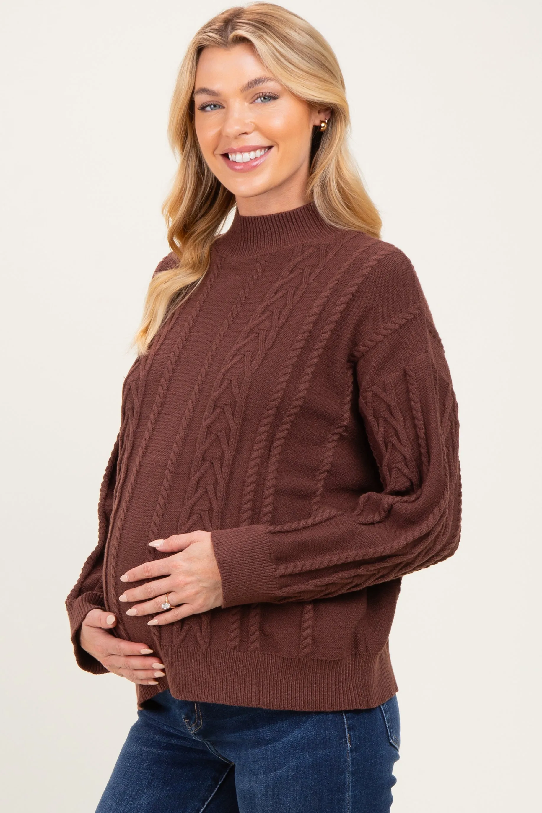 Brown Oversized Cable Knit Maternity Sweater sold by Pinkblush product image thumbnail 2