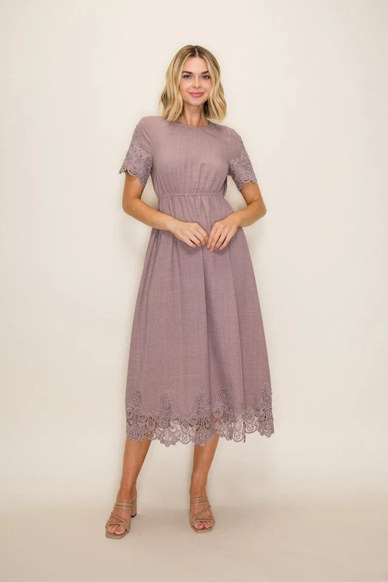 Mauve Lace Scallop Hem Midi Dress sold by Pinkblush