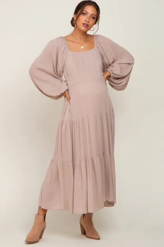 Taupe Tiered Maternity Midi Dress sold by Pinkblush