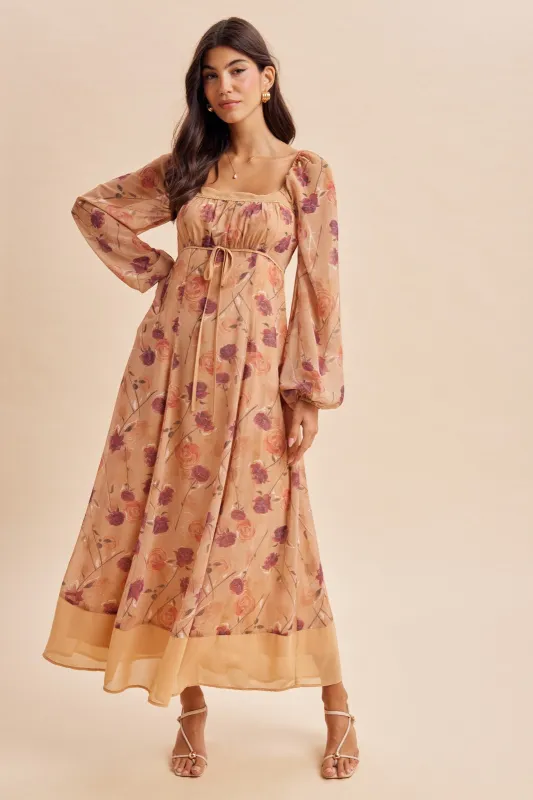 Sand Beige Floral Mesh Front Tie Maxi Dress made by Inloom