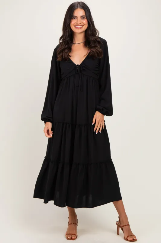 Black Tiered Long Sleeve V-Neck Maxi Dress made by Pinkblush