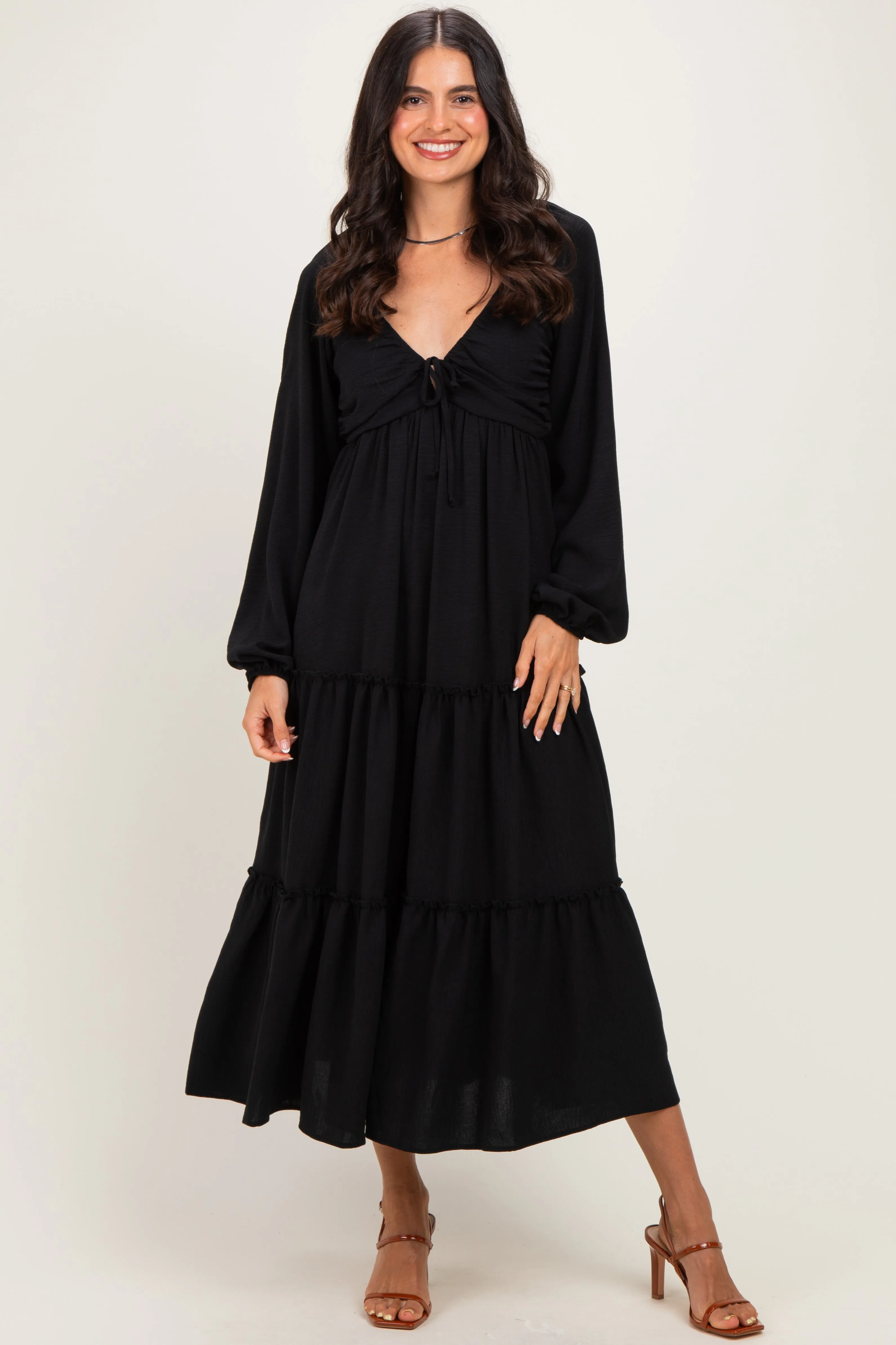 Black Tiered Long Sleeve V-Neck Maxi Dress sold by Pinkblush