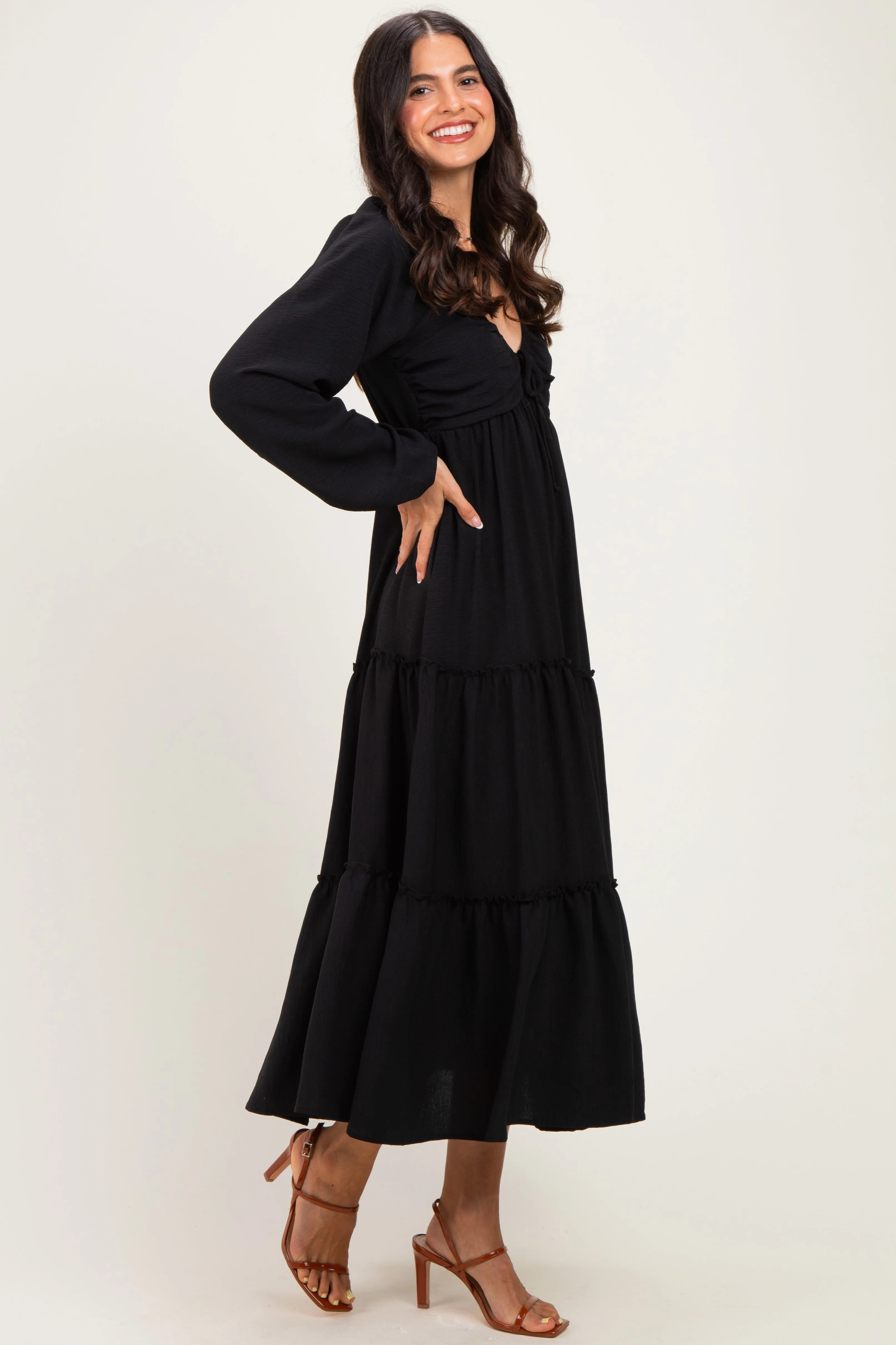 Black Tiered Long Sleeve V-Neck Maxi Dress sold by Pinkblush product image thumbnail 2