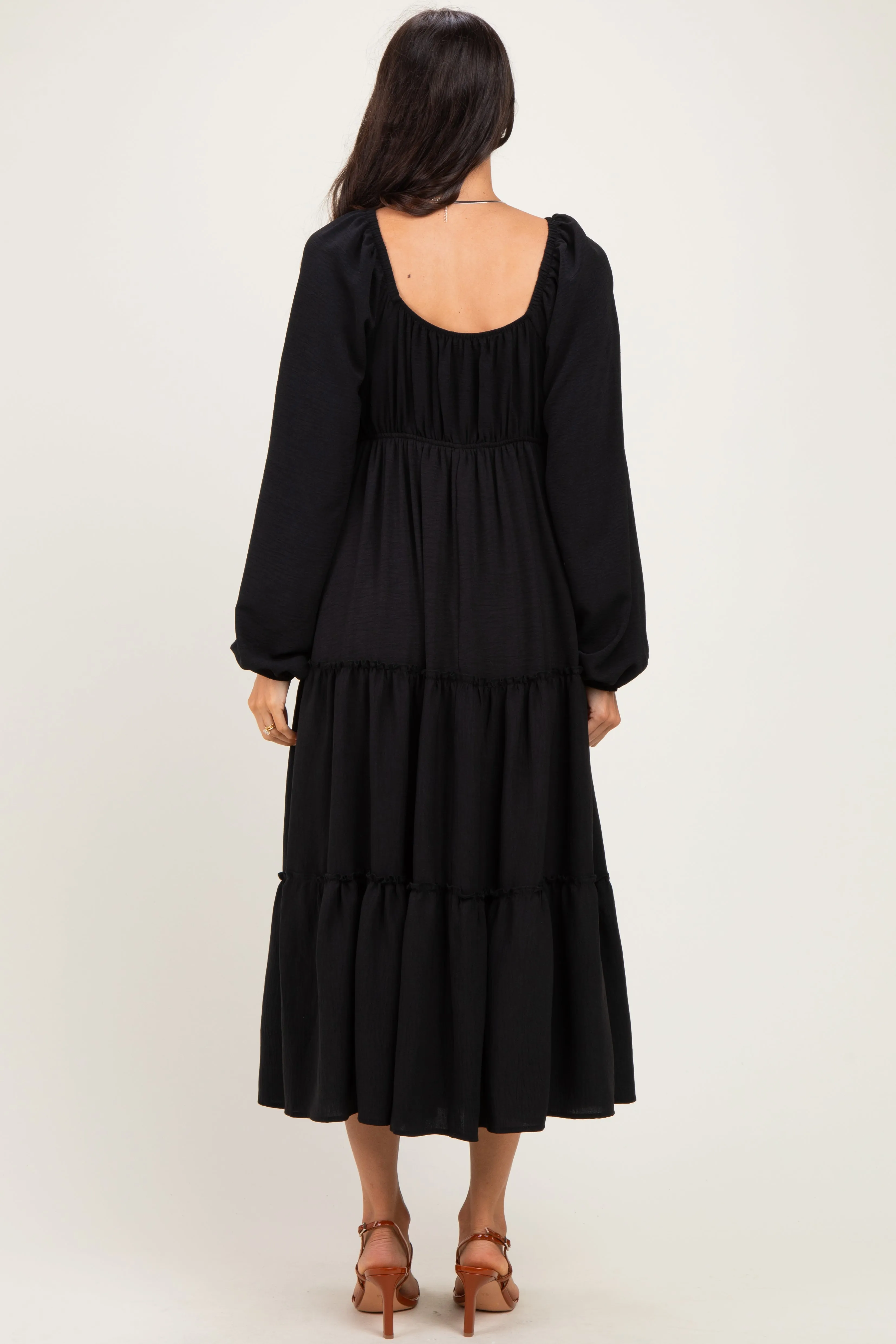 Black Tiered Long Sleeve V-Neck Maxi Dress sold by Pinkblush product image thumbnail 3