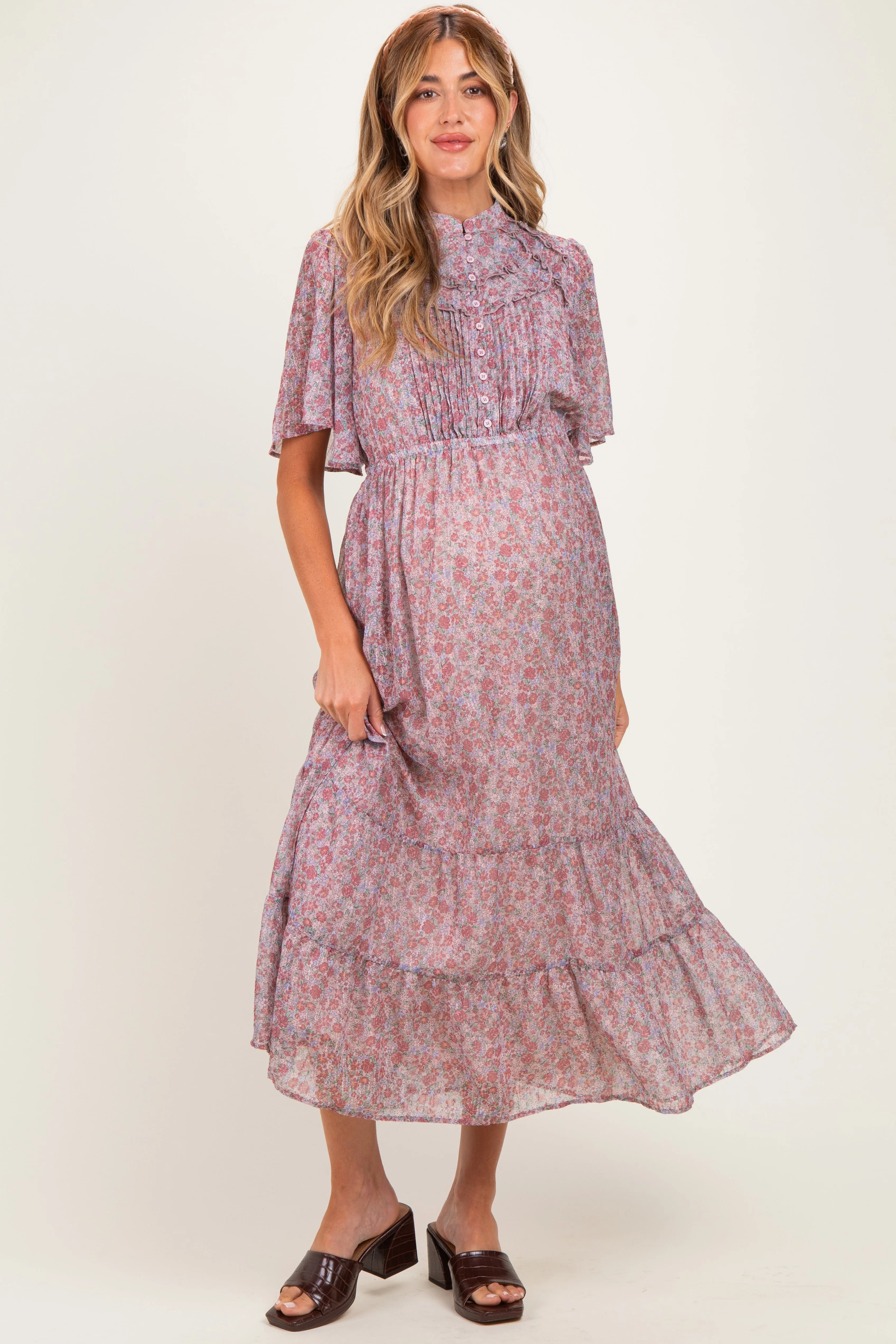 Dusty Rose Ruffle Floral Print Maternity Maxi Dress sold by Pinkblush product image thumbnail 2