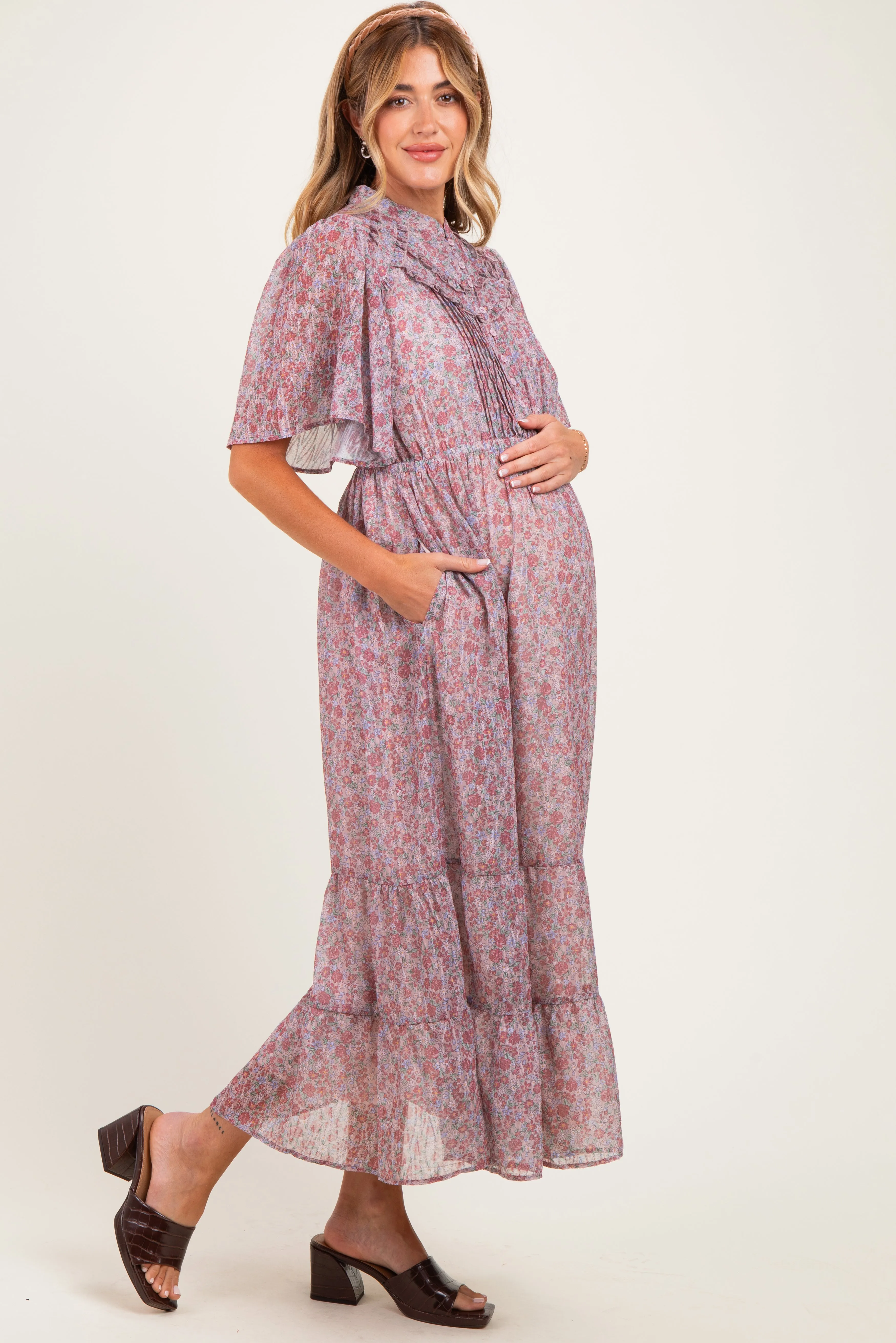 Dusty Rose Ruffle Floral Print Maternity Maxi Dress sold by Pinkblush product image thumbnail 3