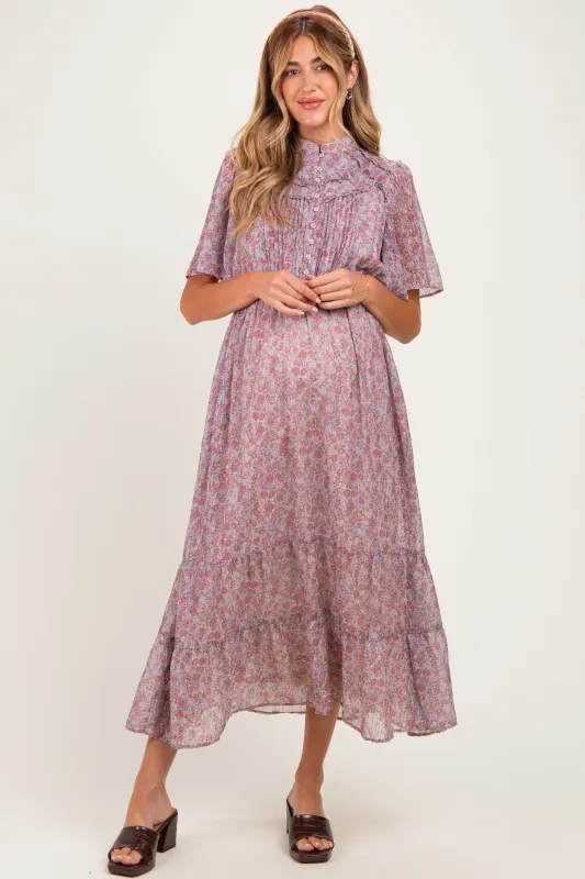 Dusty Rose Ruffle Floral Print Maternity Maxi Dress made by Inloom