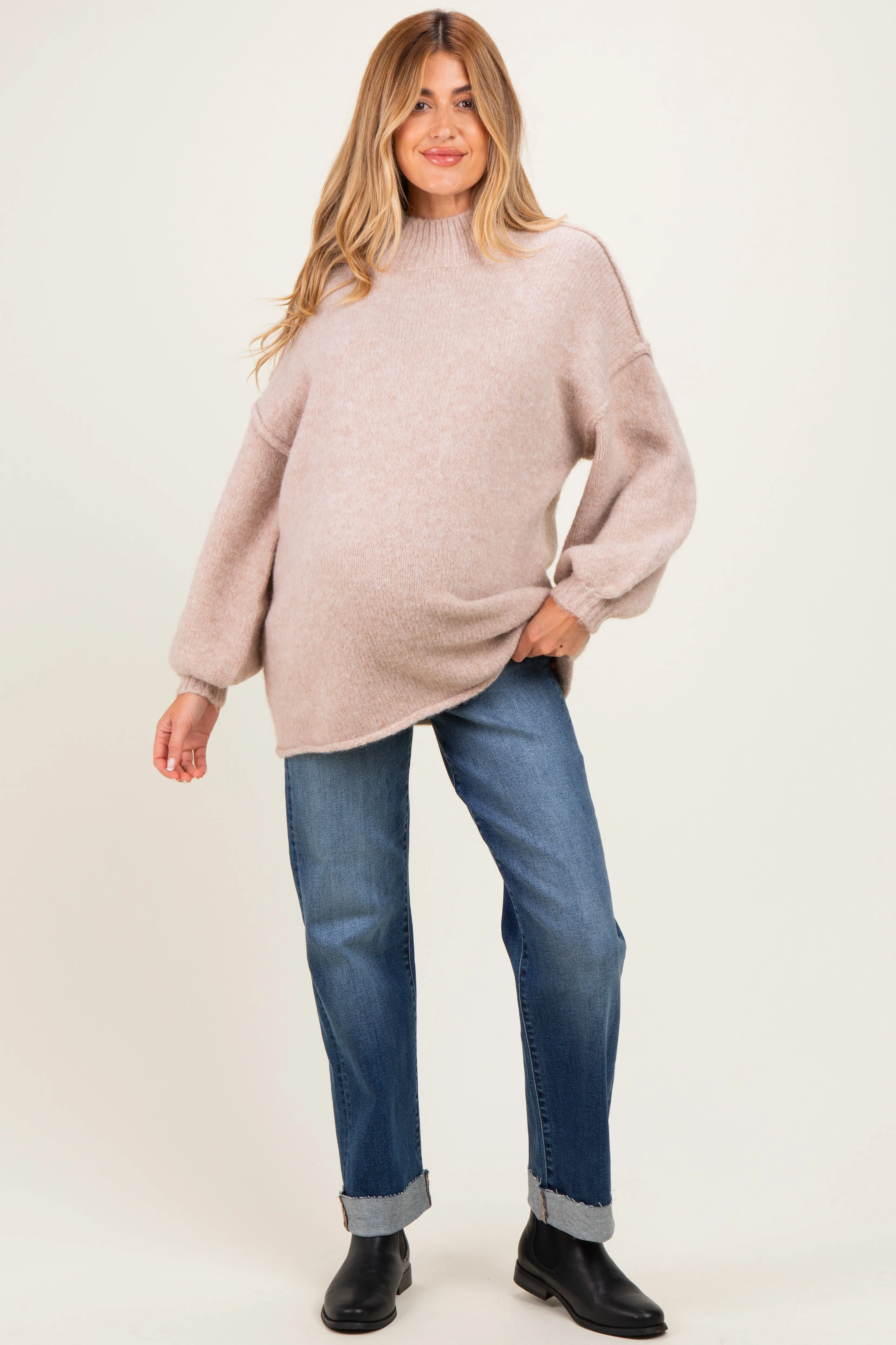 Oatmeal Oversized Mock Neck Maternity Tunic Sweater sold by Pinkblush product image thumbnail 3