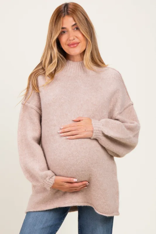 Oatmeal Oversized Mock Neck Maternity Tunic Sweater made by Bluivy