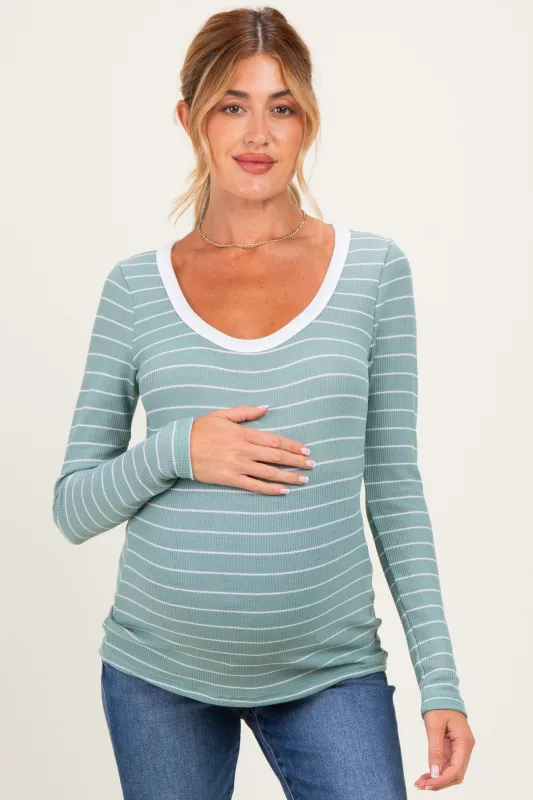 Mint Striped Long Sleeve Scoop Neck Maternity Top made by Pinkblush