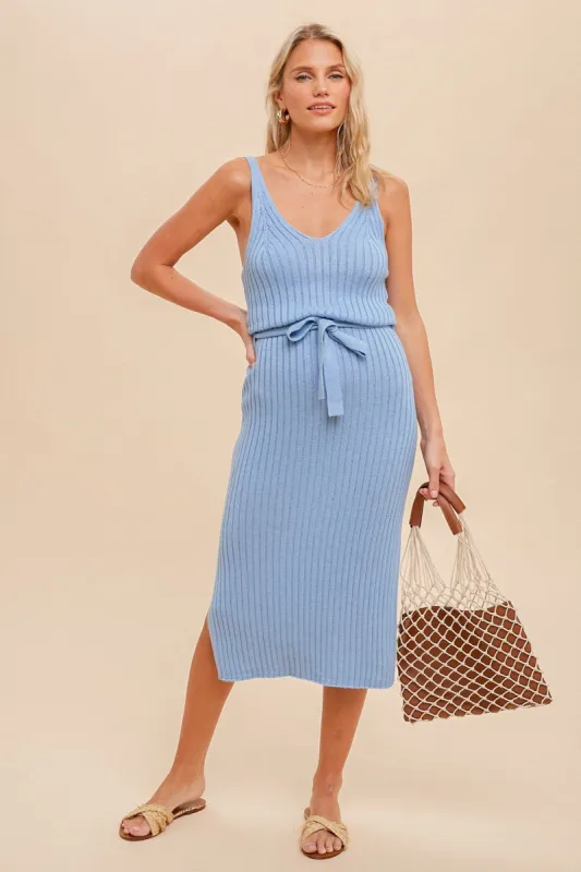 Light Blue Tank Rib Side Slit Midi Dress sold by Pinkblush