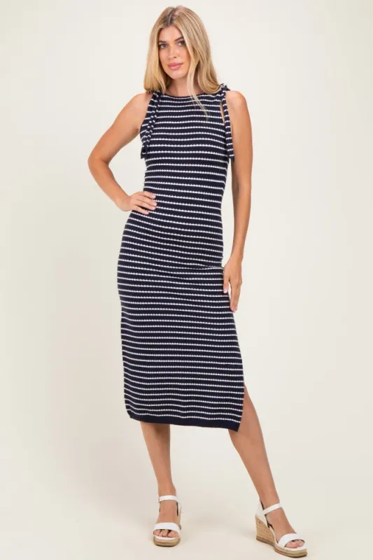Navy Striped Knit Shoulder Tie Maxi Dress made by Able