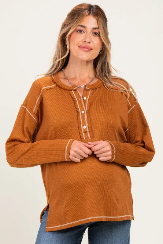 Burnt Camel Ribbed Jersey Oversized Maternity Henley made by AnnieWear