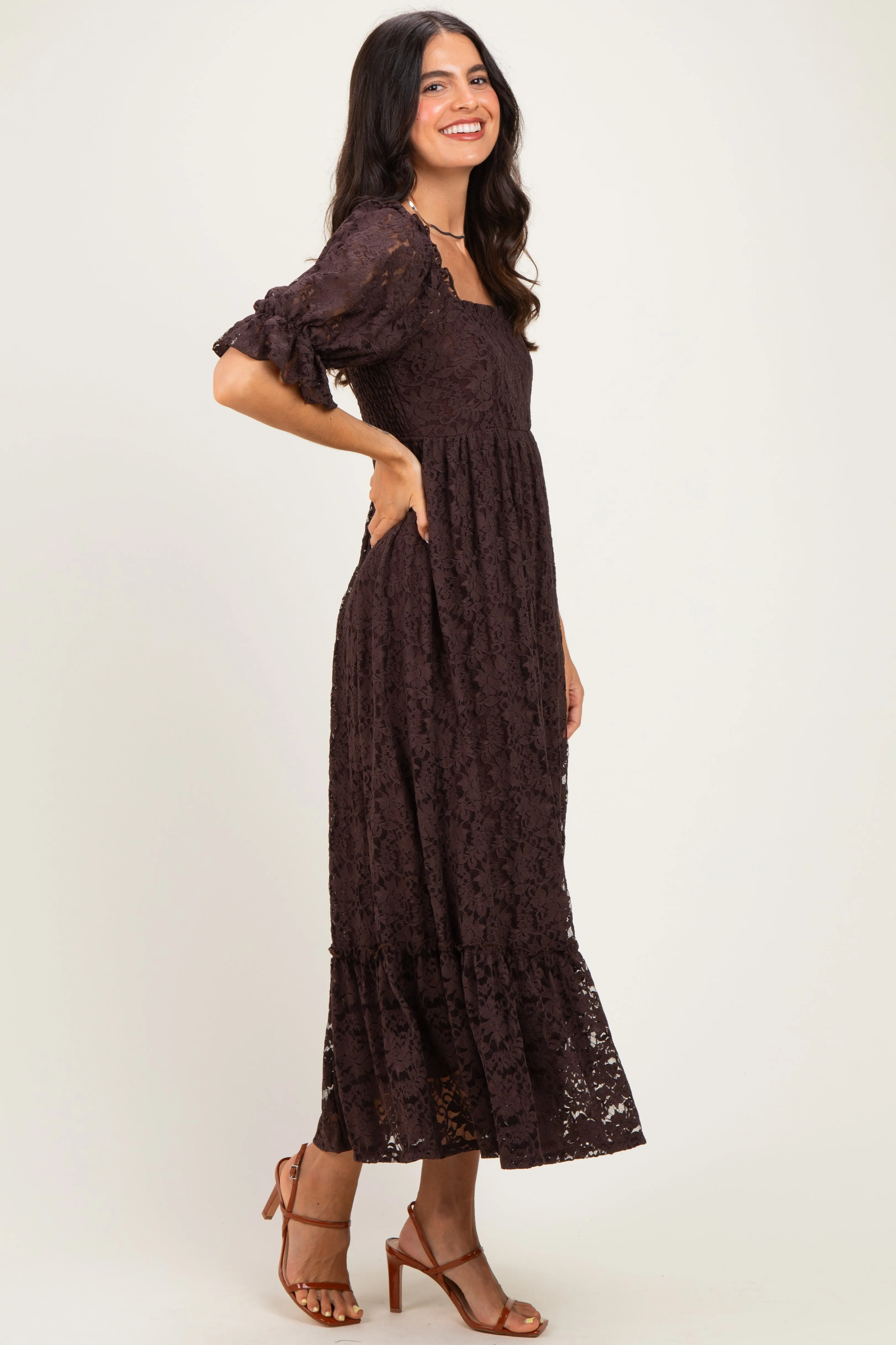 Brown Lace Square Neck Maxi Dress sold by Pinkblush product image thumbnail 2