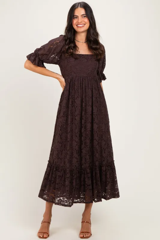 Brown Lace Square Neck Maxi Dress made by Pinkblush
