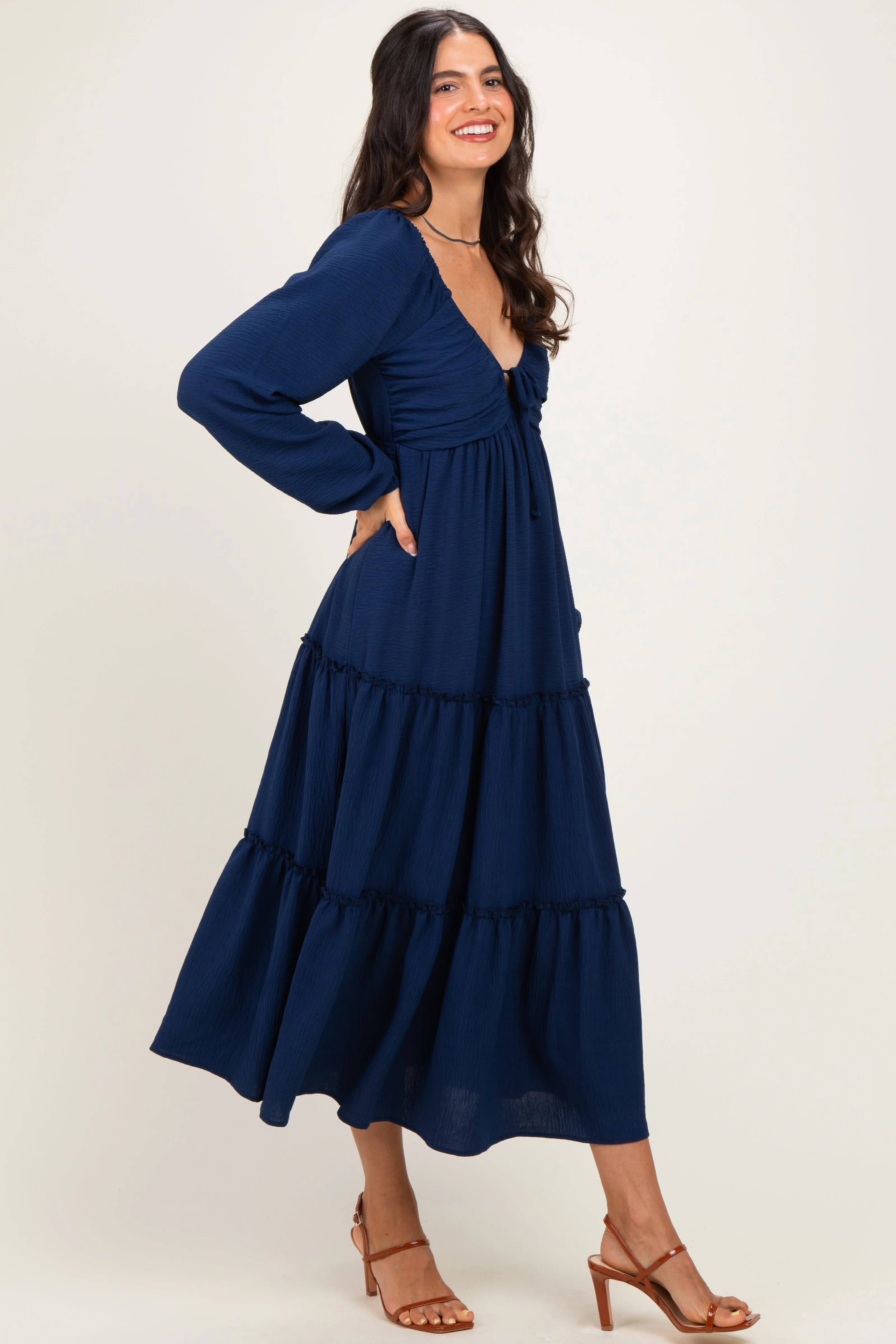 Navy Tiered Long Sleeve V-Neck Maxi Dress sold by Pinkblush product image thumbnail 2