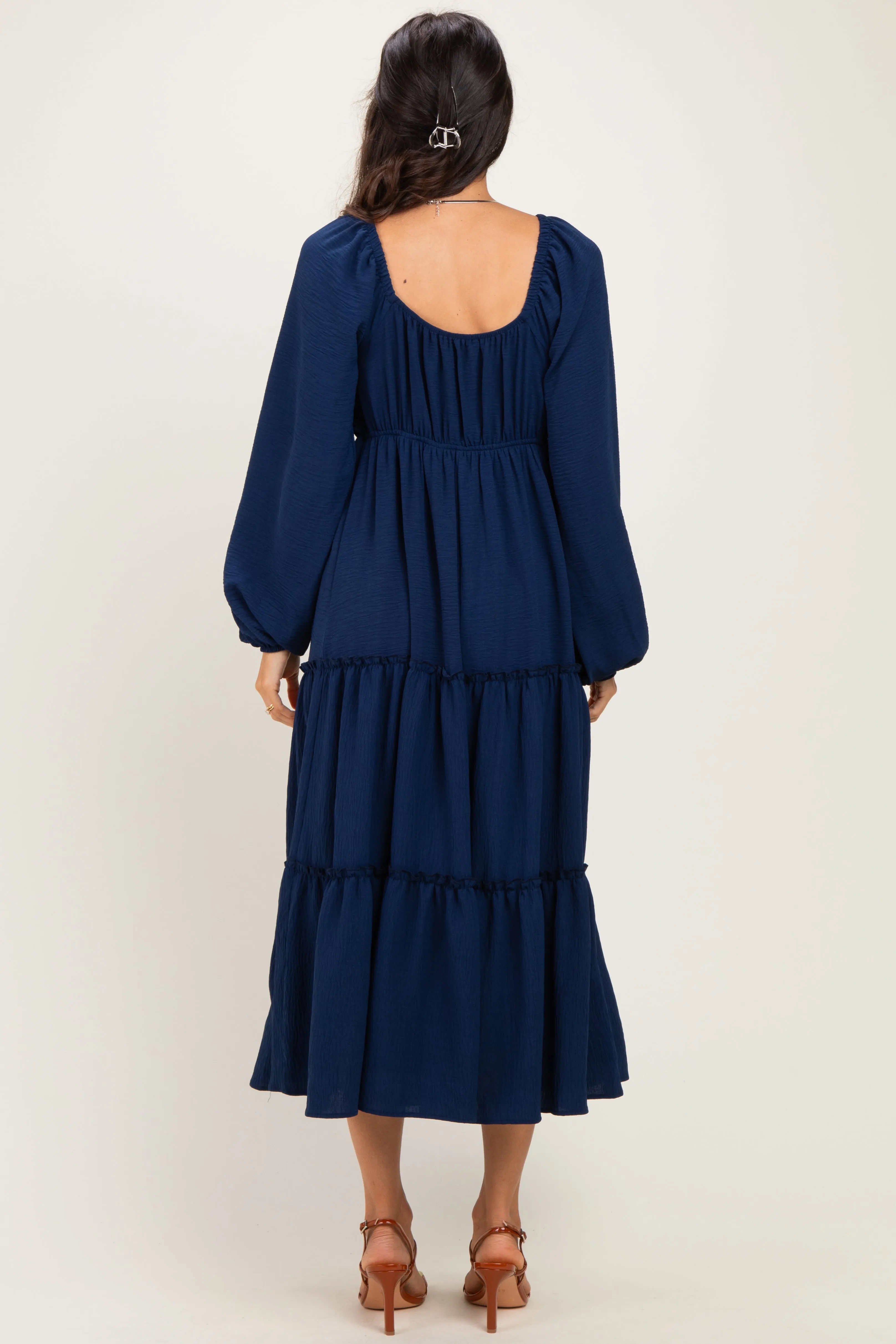 Navy Tiered Long Sleeve V-Neck Maxi Dress sold by Pinkblush product image thumbnail 3