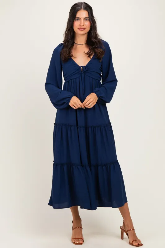 Navy Tiered Long Sleeve V-Neck Maxi Dress made by Pinkblush