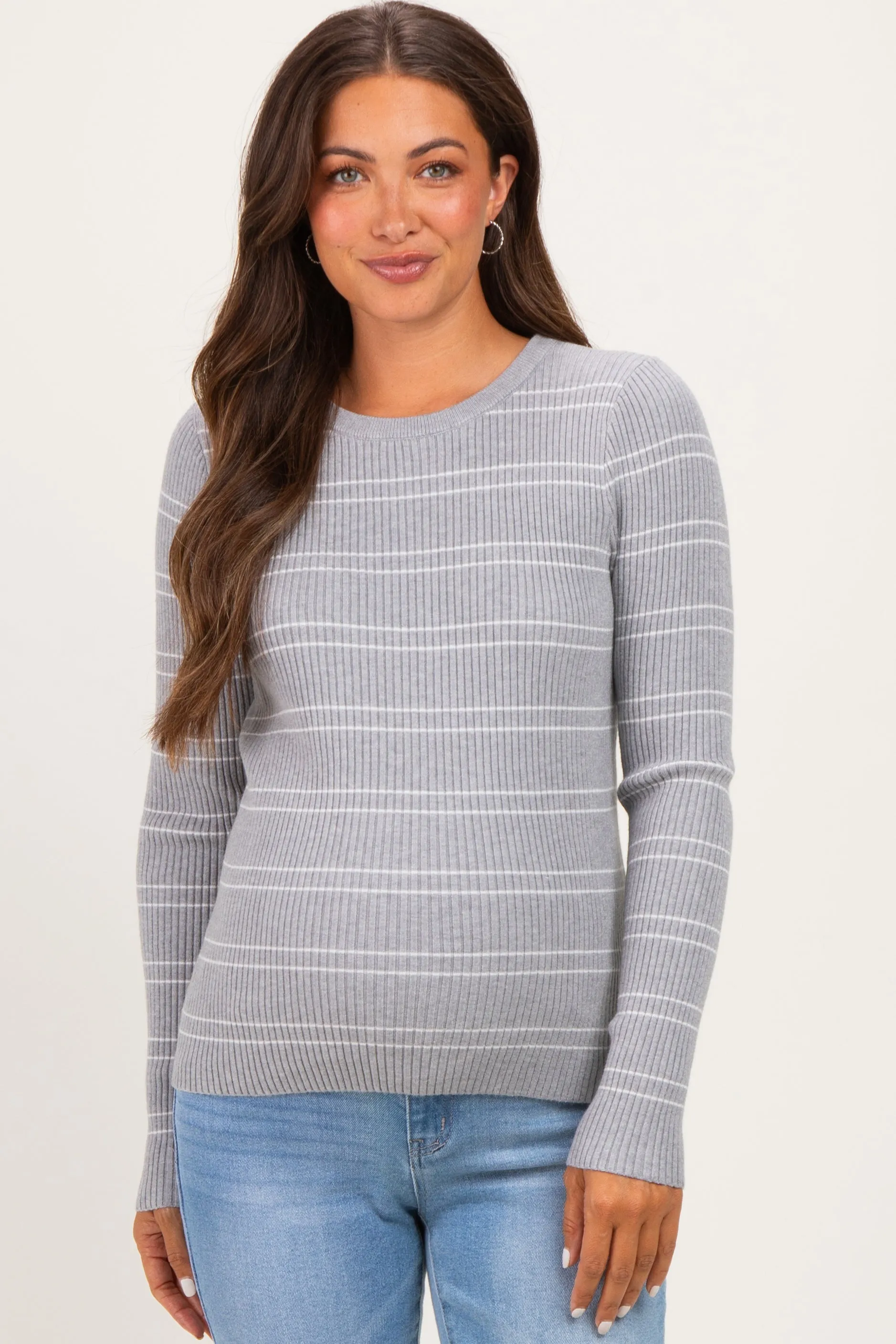 Heather Grey Ribbed Basic Striped Fitted Maternity Sweater sold by Pinkblush product image thumbnail 2