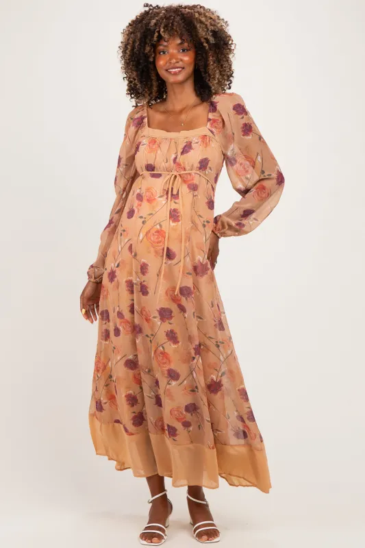 Sand Beige Floral Mesh Front Tie Maternity Maxi Dress made by Inloom